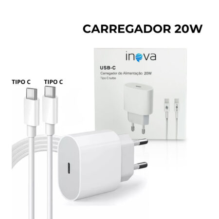 Carregador Inova 20W Turbo Rápido Tipo C Tipo C Android Iphone 15 Cabo Fonte